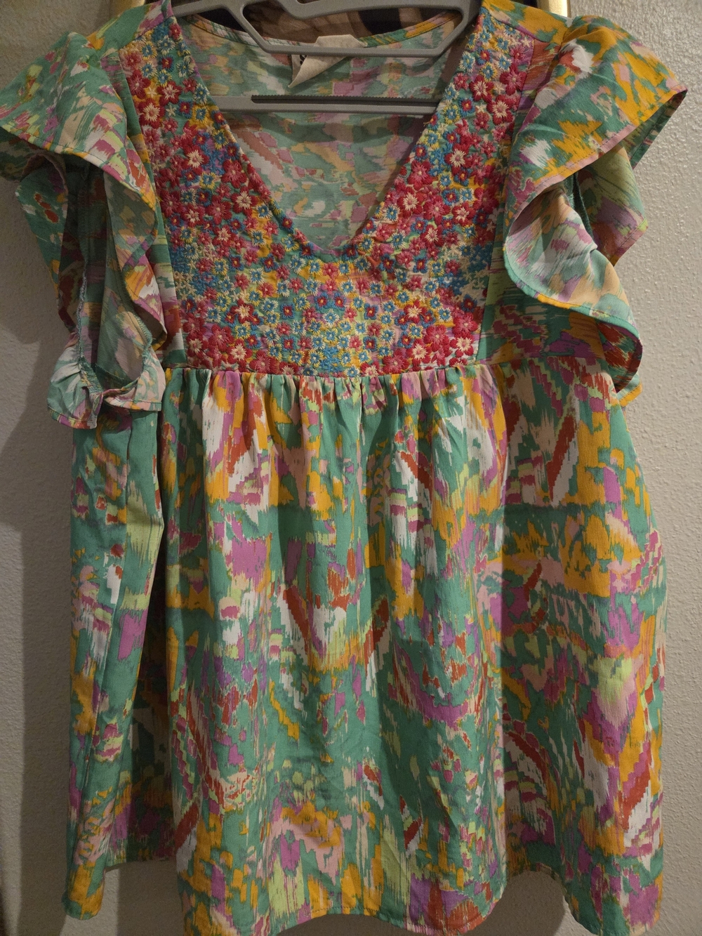 Savanna Jane Mint Green Floral Print Flutter Sleeve Poly Fabric Top 1X